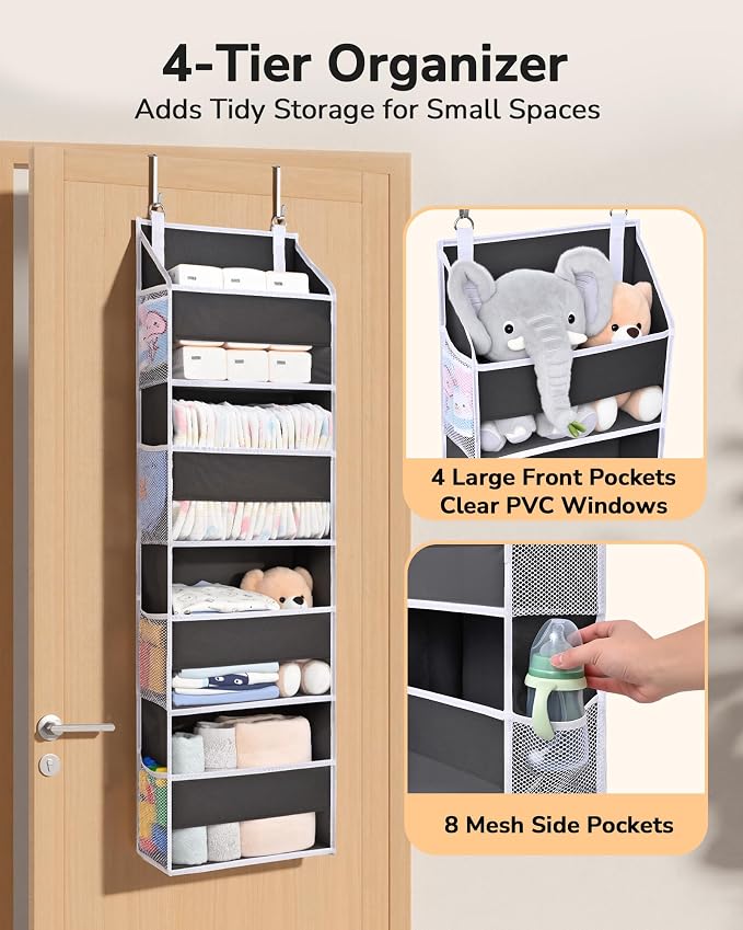 ULG 1 Pack Small Over Door Organizer with 4 Large Pockets 8 Mesh Side Pockets, Hanging Storage Organizer with Clear Window Kids Toys Deep Gray - Image 3