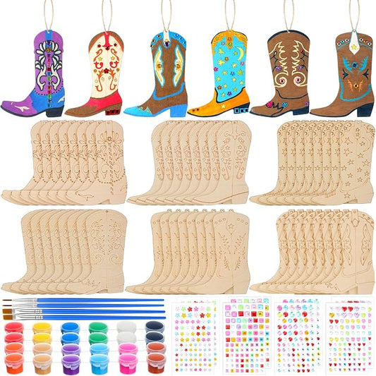 Blueweenly 48 Pcs Rodeo Themed Cowboy Party Favors Wood DIY Crafts, Unfinished Rodeo Western Crafts Wooden Ornaments for Western Theme Birthday Party Classroom DIY Activities (Cowboy Boots) by Blueweenly
