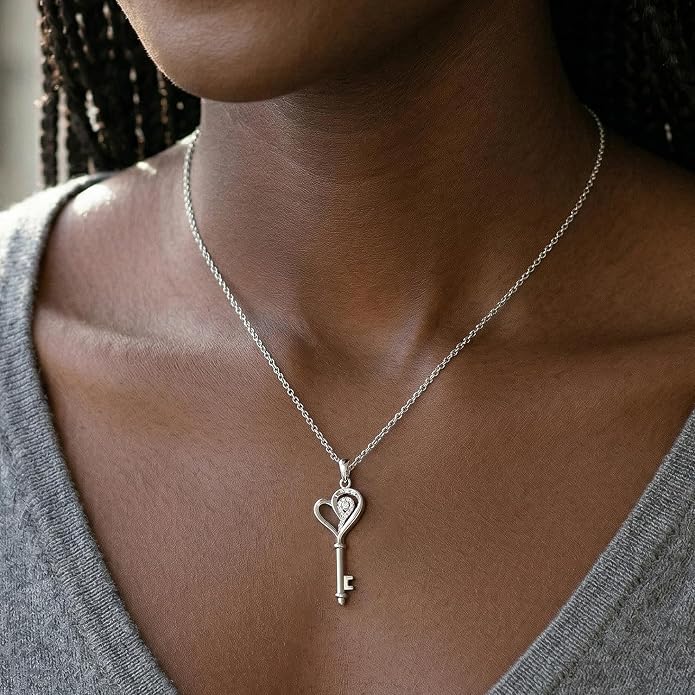 Jewelili Sterling Silver Diamond Heart Key Pendant Necklace for Women | Round Cut White Diamonds, 18" Cable Chain, Lobster claw clasp, Timeless Fashion Jewelry ,Fine jewelry with gift box - Image 8