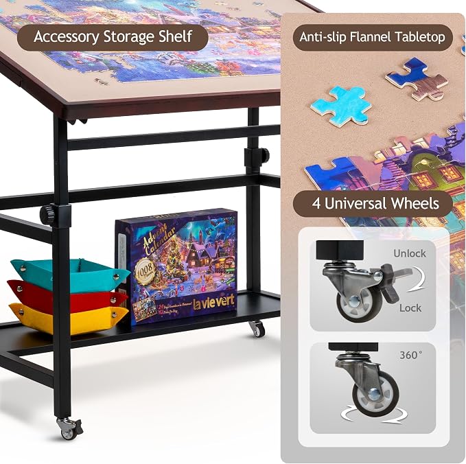 LAVIEVERT 1500 Piece Tilting Puzzle Table with 5 Colored Drawers & Cover | Angle & Height Adjustable Puzzle Board with Storage Shelf, Portable Wooden Jigsaw Table with Legs & 4 Wheels for Adults - Image 7