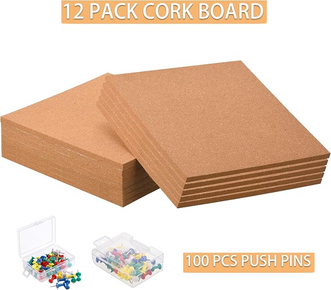 SUNGIFT Cork Board Tiles 12"x12" - 1/2 Inch Thick, 12 Pack | Self-Adhesive Square Bulletin Boards with 100 Push Pins for Photo Walls, Office Notes and Dorm Decor - Image 6