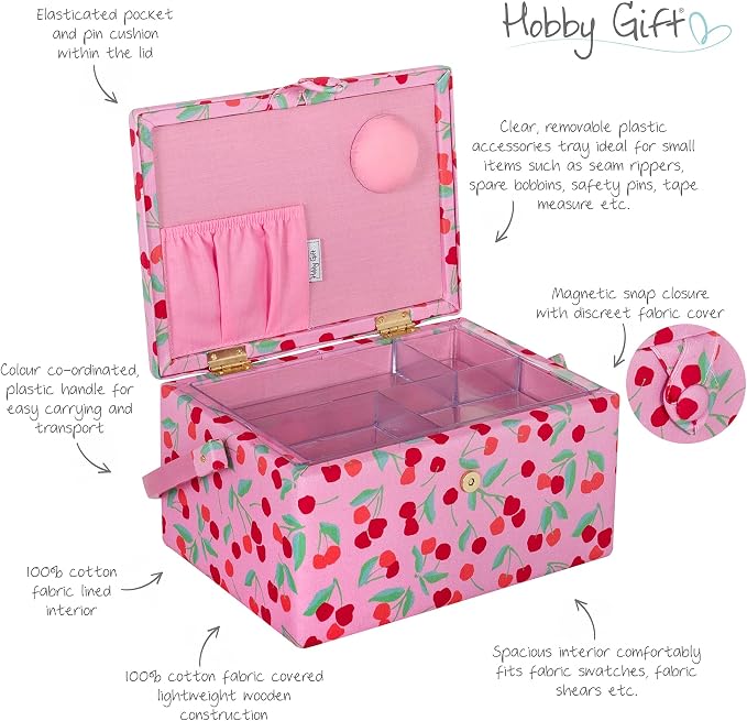 Hobby Gift Medium Sewing Box Organiser | Fabric Covered Storage Box, Handle, Internal Tray, Pin Cushion and Pocket, For Sewing, Quilting and Knitting Supplies - Image 3