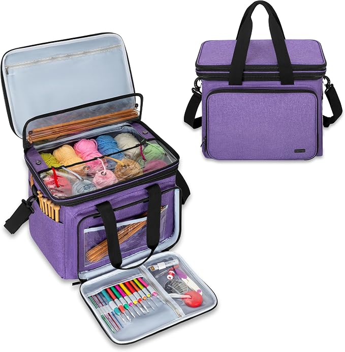 Teamoy Crochet Bag, Knitting Bag Yarn Storage Tote, Yarn Organizer, Purple | Yarn Holder for Crocheting, with Inner Divider and Cover, for Yarn Skeins, Project, Knitting Needles, and Crochet Supplies by Teamoy
