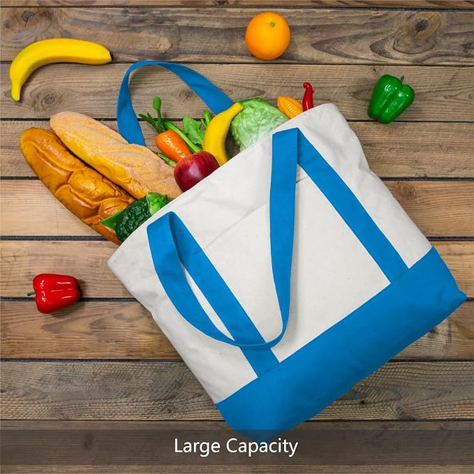 TOPDesign 1-Pack Canvas Tote Bag with an External Pocket, Reusable Grocery Shopping Bag, Top Zipper Closure, Daily Essentials (Ocean Blue/Natural) - Image 4