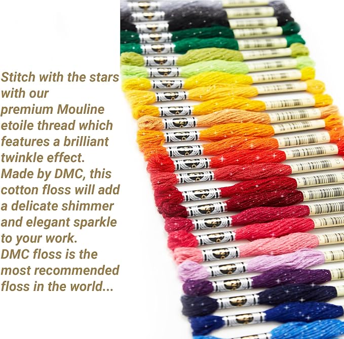 DMC Embroidery Floss, Mouline Etoile Tin Bundle with Hand Needles Size 3/9. | Set of 35 Sparkly Metallic Cross Stitch Thread Kit, Cotton Threads, Metallic String / Yarn 8.7 Yard - Image 2