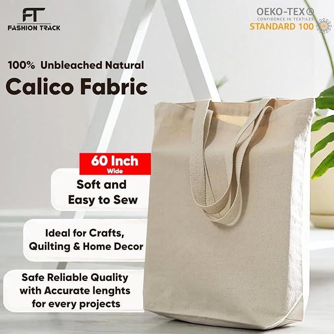 FT Calico Fabric 58" Wide 100% Cotton Natural Muslin (2 Yard) | 100% Cotton Medium Weight Calico Fabric for Sewing, Quilting, Curtain Linings, Pillowcases & DIY Projects - Image 5