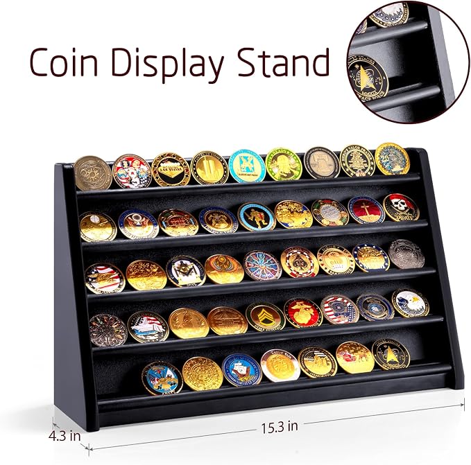 5 Row Challenge Coin Display Stand, Wood Military Army Coins Rack for Wall or Desk Display, Coin Storage Holder Case for Coin Collection, Black - Image 2