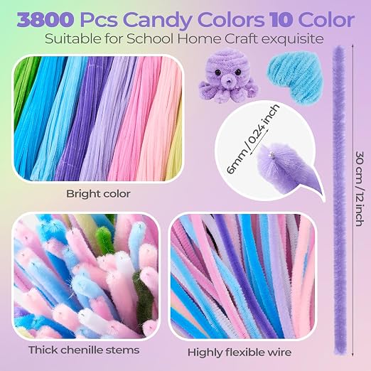Libima 3800 Pcs Pipe Cleaners Bulk 10 Colors Chenille Stems Craft Supplies 12" Long Fuzzy Sticks 6 mm Teacher Welcome Back Gifts DIY Flower Kits for Art Bouquet Creative Activity Decor (Bright) - Image 6
