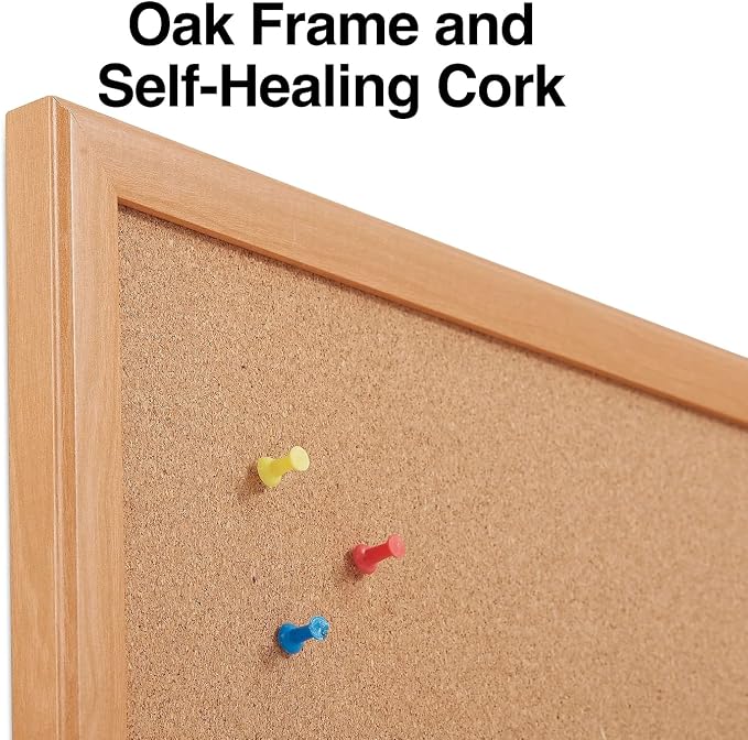 Staples Cork Bulletin Board, Oak Frame, 2 ft W x 1.5 ft H | Wall-mounted message board for home office and classroom announcements. - Image 3