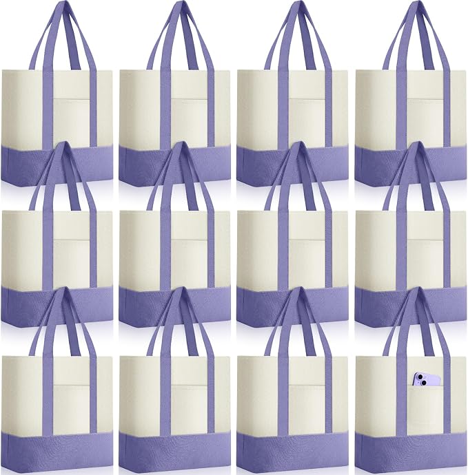 Sanwuta 12 Pcs Mini Canvas Tote Bags Bulk with Pocket Small Sublimation Blank Canvas Tote Reusable Grocery Bag for Women, DIY Craft (Light Purple) by Sanwuta