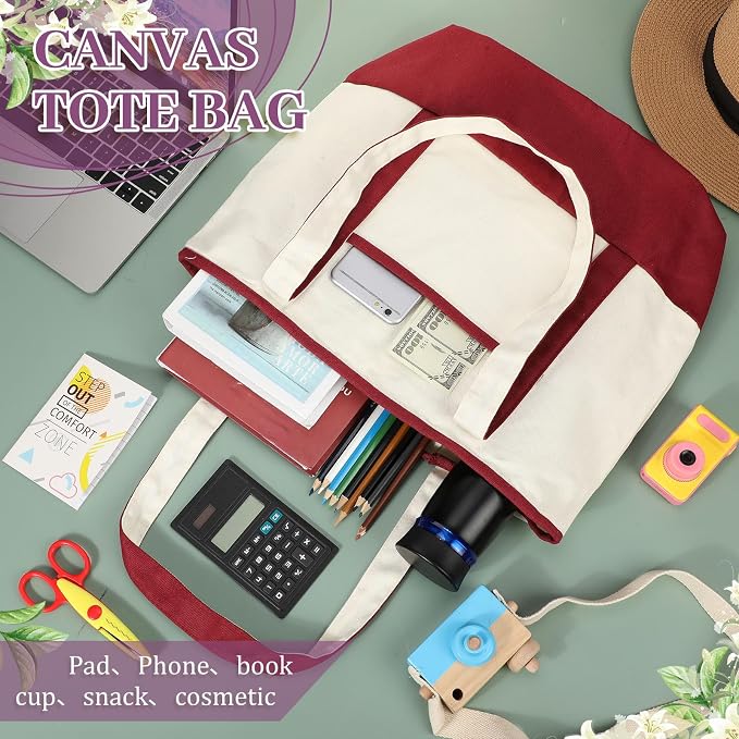 Sanwuta 9 Pcs Canvas Tote Bags Bulk with Outer Pocket 18‘' Reusable Grocery Shopping Blank Tote Bag for Women(Dark Colors) - Image 5