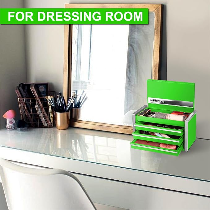 P.I.T. Mini Tool Box,3 Drawers Small Metal Toolbox for Tools Storage,Green | 8.6"W X 4.6"D Cute Size,Q235 Steel,Magnetic Tab Locking,PVC Drawer Liners - Image 4