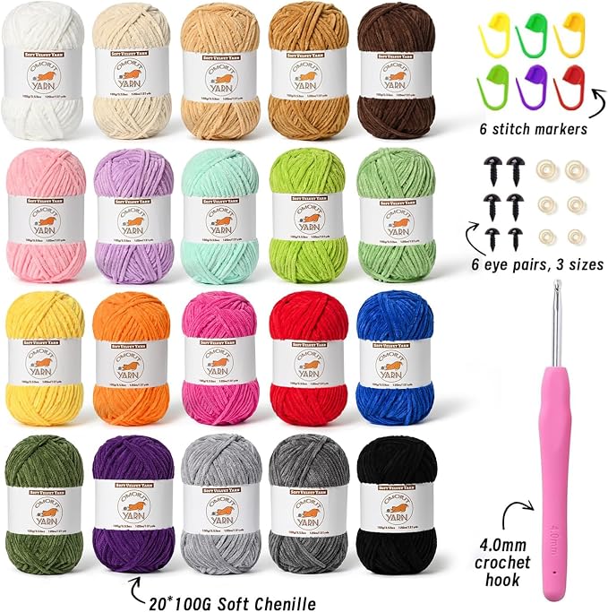 20 Skeins Fluffy Chenille Yarn for Crocheting, Soft Bulky Velvet Yarn for Knitting, Plush Baby Blanket Crochet Yarn, 2620 Yards Multicolor Amigurumi Yarns for Crafts Set B - Image 2