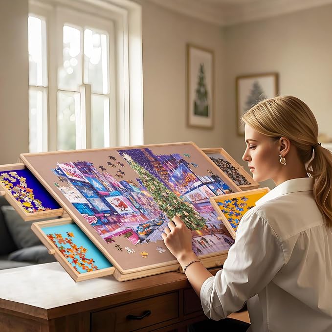 Tektalk Jigsaw Puzzle Table with Integrated Adjustable Stand/Bracket and Removable Cover, 3-Tilting-Angle Wooden Plateau Portable Puzzle Board with 4 Sorting Drawers, for Up to 1000 Pieces - Image 7