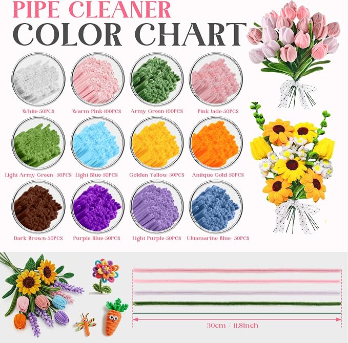 Zeniith-Living 800-Piece Pipe Cleaner Flower Kit, 12 Vibrant Colors | All-in-One Flower Craft kit, Step-by-Step Video Tutorial, Soft Bendable Stems, for Holidays, Gift and DIY Friendly - Image 3