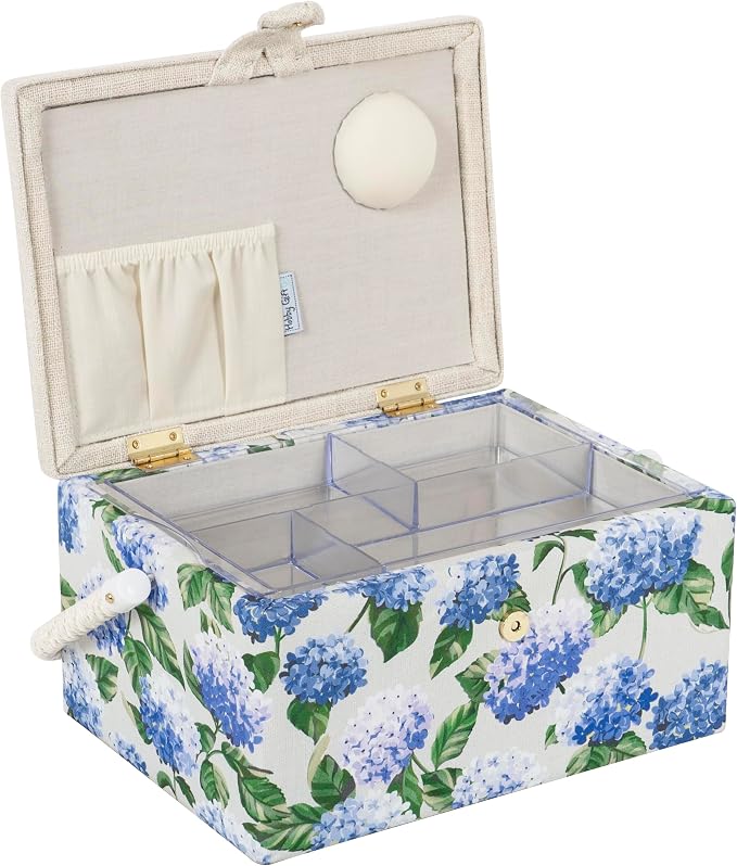 Hobby Gift Medium Sewing Box Organiser | Fabric Covered Storage Box, Handle, Internal Tray, Pin Cushion and Pocket, For Sewing, Quilting and Knitting Supplies - Image 8