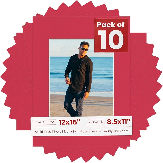 8.5x11 Mat for 12x16 Frame - Precut Mat Board Acid-Free Deep Red 8.5x11 Photo Matte For a 12x16 Picture Frame, Premium Matboard for Family Photos, Show Kits, Art, Picture Framing, Pack of 10 Mats by PosterPalooza
