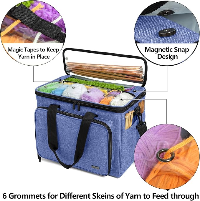 Teamoy Knitting Bag, Yarn Storage Organizer Crochet Bag Tote, Dark Blue | Yarn Holder with Inner Divider(Sewn to Bottom) for Crochet Hook, Knitting Needles(Up to 14"), Project and Crocheting Supplies - Image 2