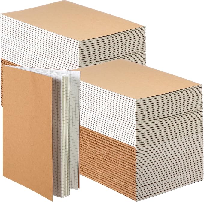 100 Pcs A5 Journals Notebooks Bulk,Brown,Grid | Kraft Softcover Small Notebooks 5.5 Inch x 8.3 Inch Notepads with 60 Page 30 Sheet for Writing Sketch Travel Office Supplies by Mimorou