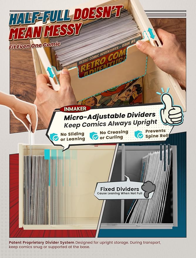 INMAKER Comic Book Storage Box, Holds Up to 150 Comics (Warm White) | 1PC, Acid Free Plastic Book Bin with 2 Adjustable Dividers - Image 2