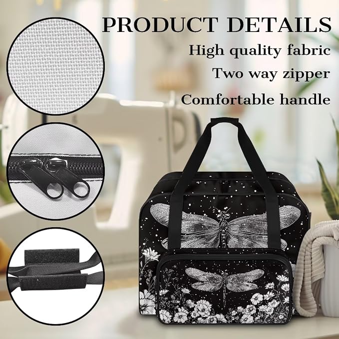 Txnsiver Sewing Machine Bag Universal Sewing Machine Dust Storage Case Large Capacity Travel Tote Bag Portable Versatile Travel Tote Bag with Handle and Soft Cushion, Dragonfly Flower - Image 5