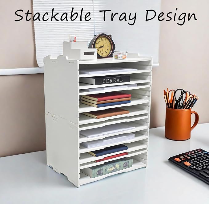 YFS White Horizontal Paper Storage Tray, Multi-Layer Desk Document Holder, 18 1/8" × 13 3/16" × 12 9/16" Large Capacity Mail Organizer for Office School Home（5 Tier-Horizontal） - Image 4