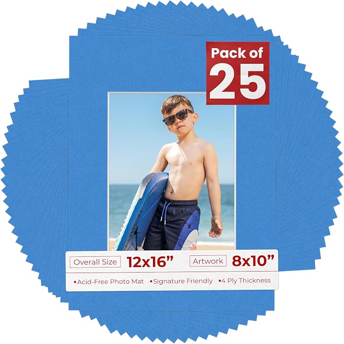 8x10 Mat for 12x16 Frame - Precut Mat Board Acid-Free Bay Blue 8x10 Photo Matte Made to Fit a 12x16 Picture Frame, Premium Matboard for Family Photos, Show Kits, Art, Picture Framing, Pack of 25 Mats by PosterPalooza