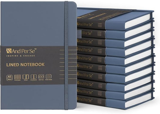&And Per Se 10-Pack Lined Notebooks, A5 Hardcover, 160 Pages 100gsm Thick Paper, Office Supply Bulk Order, Corporate New Hire Kits, Breakroom Essentials – College Ruled, 10 Units (Dark Blue) by AndPerSe