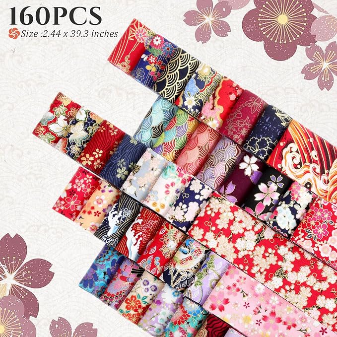 SmoothNovelty 160 Pcs 4 Rolls Fabric Strips, 2.44" x 39.3" Precut Quilting Roll, Cotton Strips Bundle for Quilting, Sewing, Crafting, Patchwork, Blanket, Rug, Upholstery(Japanese Style) - Image 2