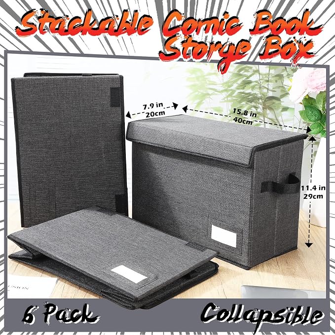 Chuangdi 6 Pcs Comic Book Storage Boxes,Charcoal Gray | Back to School Collapsible Comic Short Box Case with Lid, 15.8 x 7.9 x 11.4 Inch Book Bin Container Holds 150 Comics - Image 2