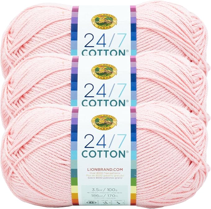 Lion Brand 24/7 Cotton Yarn, Yarn for Knitting, Crocheting, and Crafts, Pink Lemonade, 3 Pack | Light Worsted 100% Mercerized Cotton Yarn for Crochet, Knitting, Craft, 185 Yards of Natural Fiber for Tees, Bags, Dishcloths by LionBrandYarn