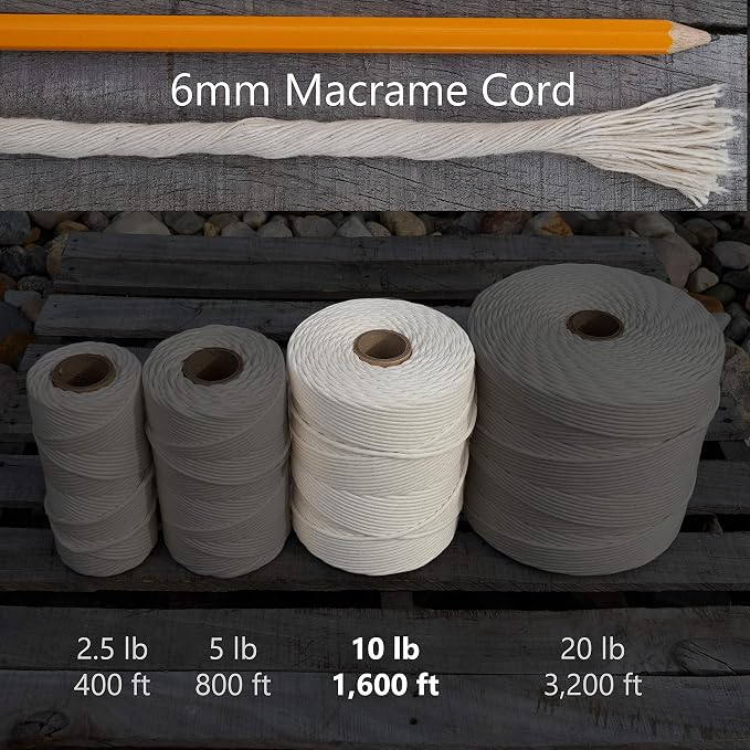 Bulk Macrame Cord | 100% Natural, Unbleached Cotton | Single Twist | Soft | Made in USA (6 mm x 10 lb Cone) - Image 2