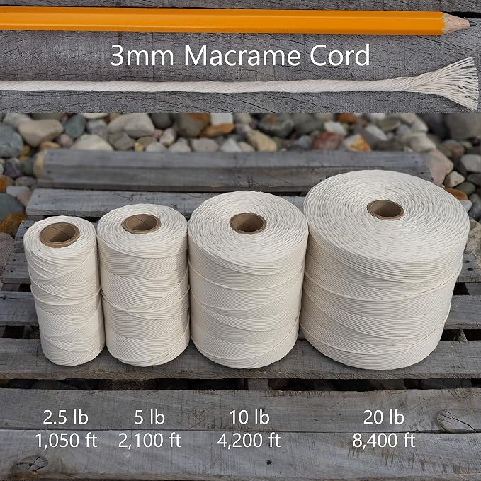 Bulk Macrame Cord | 100% Natural, Unbleached Cotton | Single Twist | Soft | Made in USA (3 mm x 5 lb Cone) - Image 4