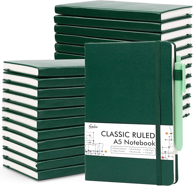 feela 24 Pack Journal Notebook for Work, Business Notebook Bulk Hardcover Lined Writing Journal with Pen Holder for Men Women Note Taking, with 24 Black Pens, 120 GSM, 5.1”x8.3”, A5, Dark Green by feela