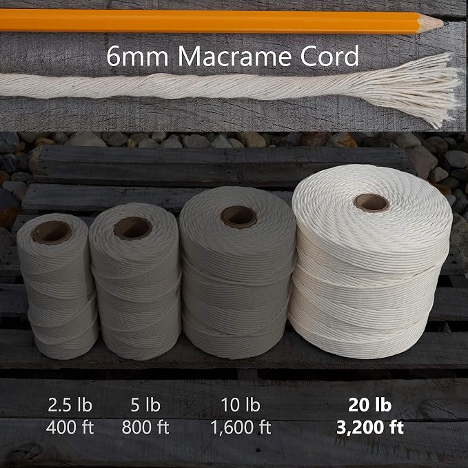 Bulk Macrame Cord | 100% Natural, Unbleached Cotton | Single Twist | Soft | Made in USA (6 mm x 20 lb Cone) - Image 2