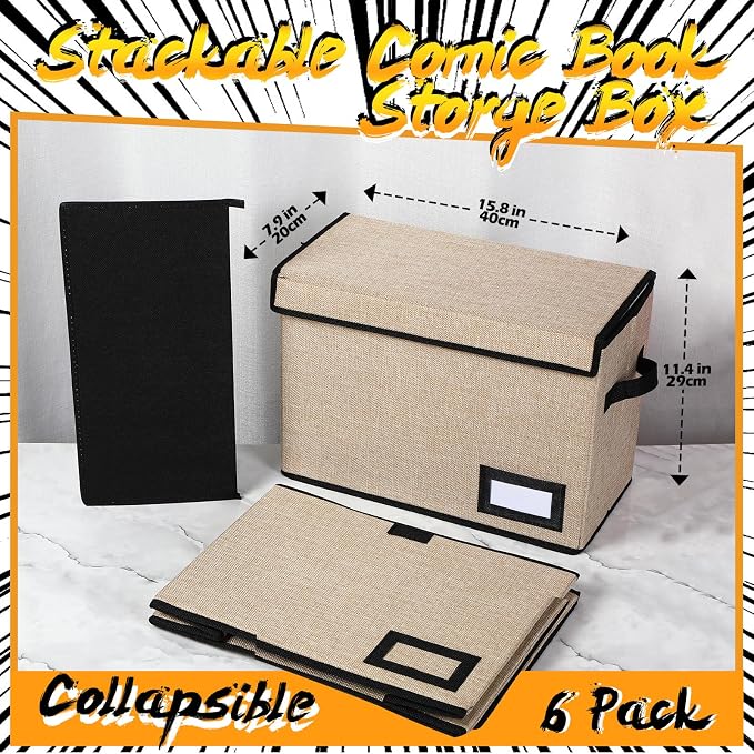Chuangdi 6 Pcs Comic Book Storage Boxes,Beige | Back to School Collapsible Comic Short Box Case with Lid, 15.8 x 7.9 x 11.4 Inch Book Bin Container Holds 150 Comics - Image 2