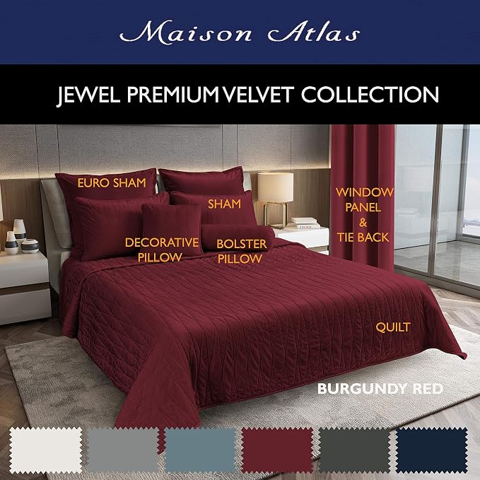 Velvet Quilt Maxi Set, Seven Pieces Ensemble, Jewel Premium Heavy Velvet Collection, Cotton Backing, Cotton Batting, Full/Queen, Burgundy - Image 2