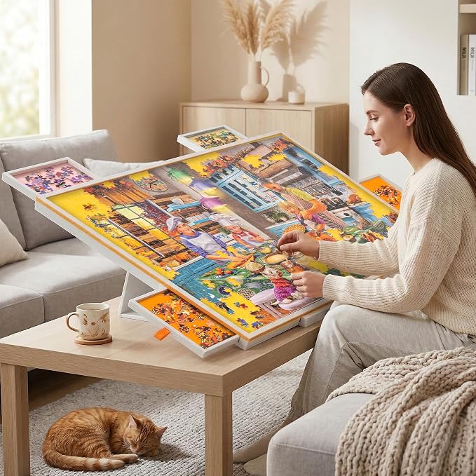 Tektalk Jigsaw Puzzle Table with Integrated Adjustable Stand/Bracket, 3-Tilting-Angle Super Lightweight Felt Puzzle Plateau Board with Cover & 4 Sorting Drawers, for Up to 1000 Pieces - Orange - Image 6
