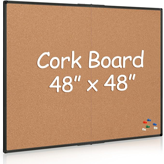 Extra Large Cork Bulletin Board 48" X 48", Foldable Notice Pin Board for Wall, Black Aluminum Framed 4'x4' Corkboard, Wall Mounted Noticeboard with 36 Push Pins for School, Home & Office by Justdowhatyouwanttodo