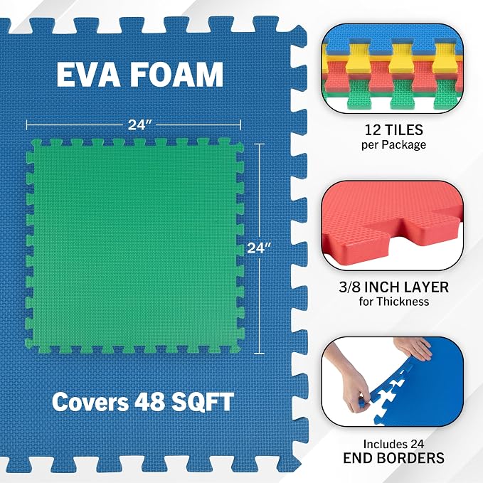 EVA Foam Mat Tiles 12-Pack - 48 SQ FT Interlocking Padding for Playroom or Gym Flooring - Exercise Mat or Playmat by Stalwart (Multicolor) - Image 2
