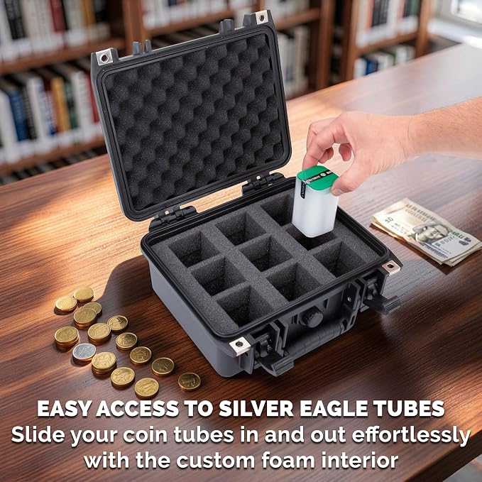 CASEMATIX American Silver Eagle Coin Tube Stacker Case – IPX7 Waterproof Airtight Coin Tube Storage Box for 9 Coin Rolls, Lockable Hard Shell Bullion Carrying Case with for Stackers & Collectors - Image 5