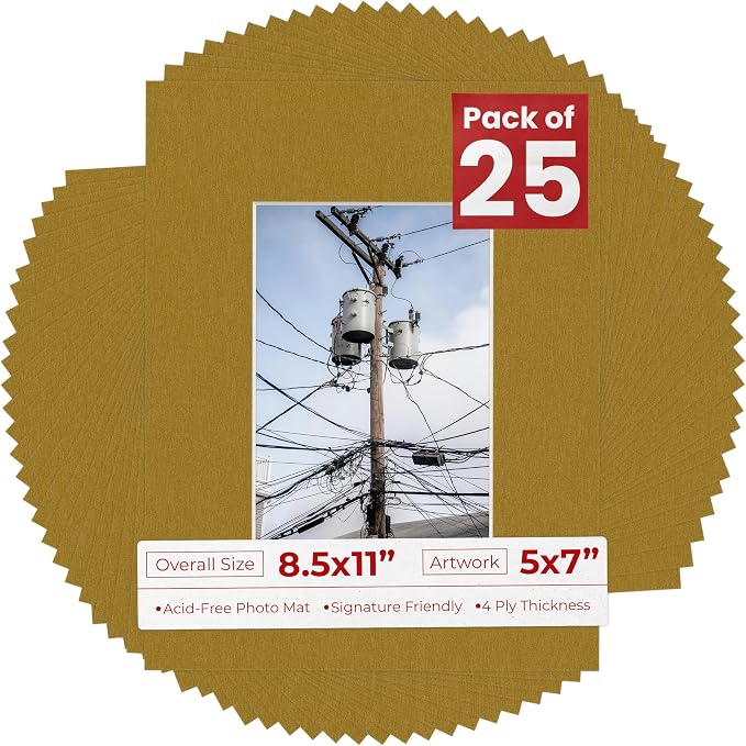 5x7 Mat for 8.5x11 Frame - Precut Mat Board Acid-Free Metallic Gold 5x7 Photo Matte For a 8.5x11 Picture Frame, Premium Matboard for Family Photos, Show Kits, Art, Picture Framing, Pack of 25 Mats by PosterPalooza