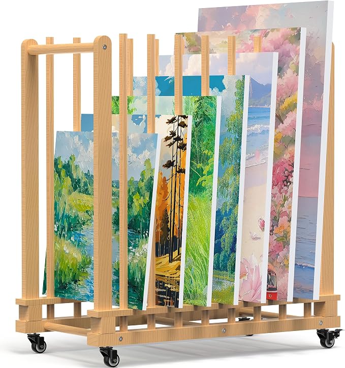 Art Storage Rack with Wheels & Handle- Beech Wood Canvas Organizer & Artwork Storage Organizer for Drawing Board, Panel, Paper Pad for Art Studios, Artworks, Gallery, Classroom - Image 9
