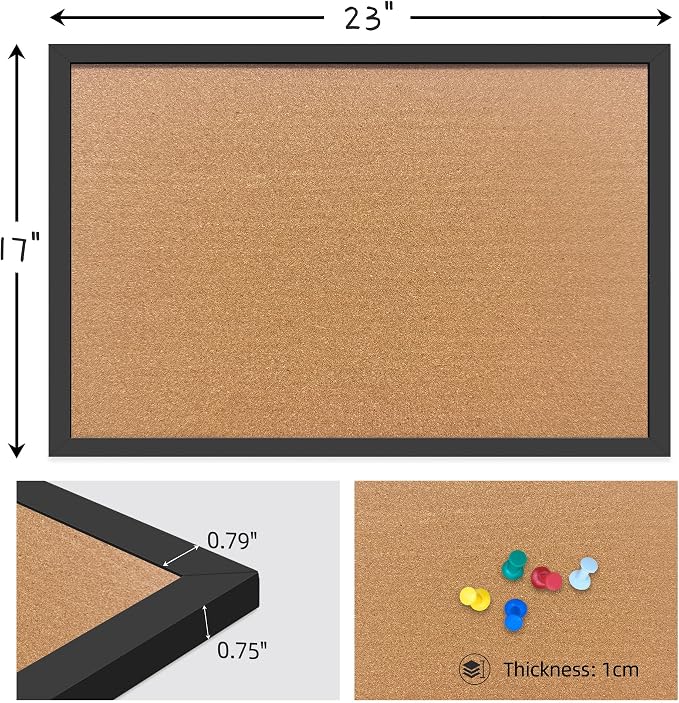 17"x23" Black Wood Framed Hanging Cork Bulletin Board | Premium quality. This large bulletin board serves as reliable corkboards for wall display. - Image 2