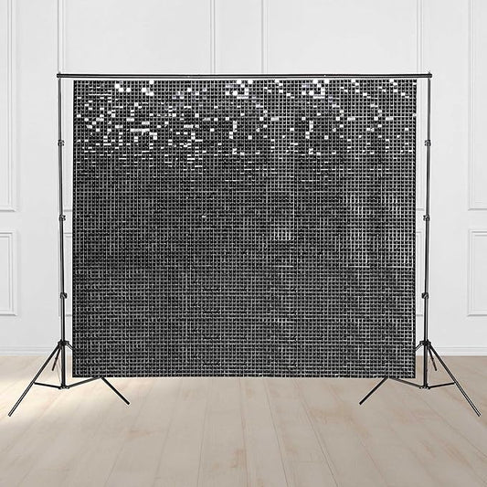 8.5x10 FT Shimmer Wall Backdrop with Adjustable Background Stand 72 Pcs Black Square Sequin Panels Decor for Wedding Party
