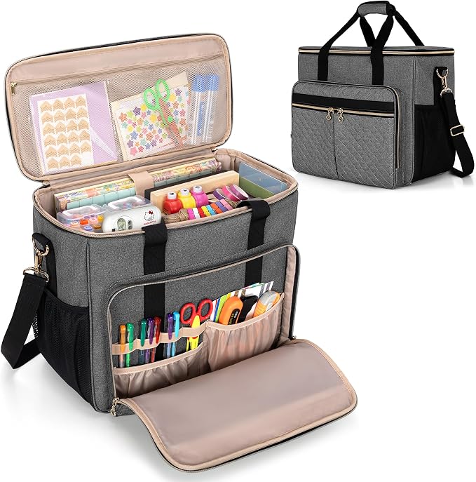 LUXJA Large Craft Bag with Multiple Pockets, Gray | Craft Tote Fits 12 x 12 Inch Scrapbook Album and 15.6" Laptop, Scrapbook Tote Bag with Shoulder Strap and Trolley Sleeve by Luxja