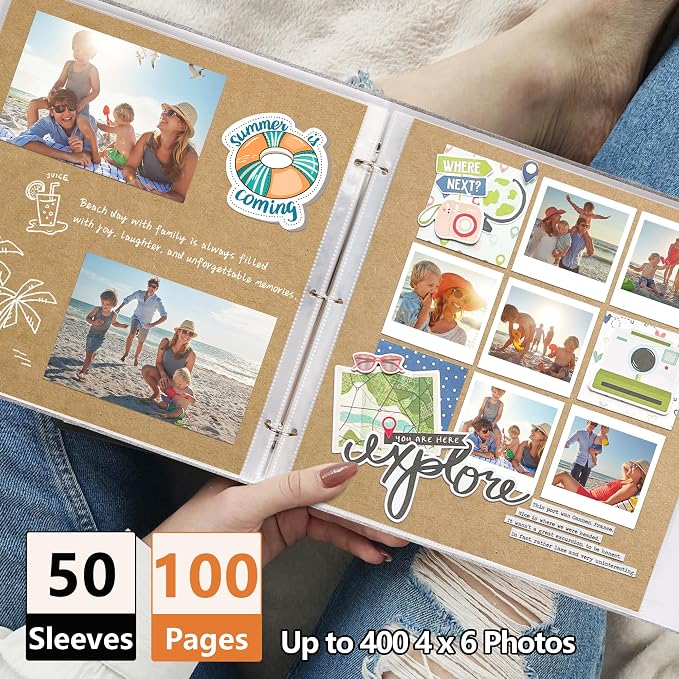 Vienrose Scrapbook Photo Album,12x12 Inch,3 Ring Binder,Off White,100 Pages | Linen Cover Scrapbook, 50 Plastic Sleeves, 100 Blank Black Inner Pages for Wedding Birthday Travel Baby - Image 6