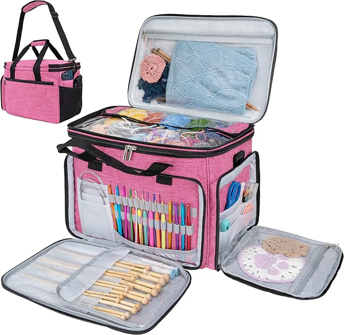PAVILIA Knitting Bag Yarn Storage Tote - Large Crochet Organizer, Holder for Knitter Projects, Accessories Set, Gifts for Crochet Lovers - Heather Pink by PAVILIA