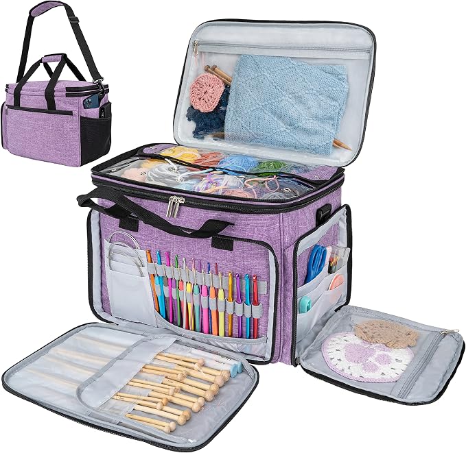 PAVILIA Knitting Bag Yarn Storage Tote - Crochet Organizer Bag, Yarn Storage Holder with Dividers for Knitting Accessories, Yarn Skiens, Needles, Hooks, Unfinished Project (Heather Gray) by PAVILIA