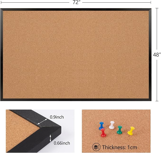 Extra Large Cork Bulletin Board 72" X 48", Black Wood Framed 6'x4' Corkboard for Wall, Wall Mounted Notice Pin Board with 18 Push Pins for School, Home & Office - Image 6